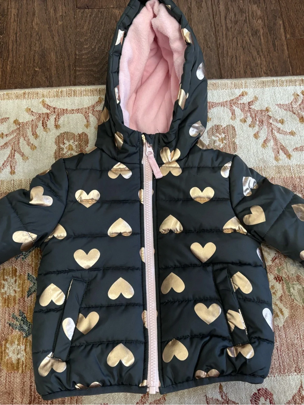 Carter's Black Puffer Jacket with Gold Hearts and Pink Lined Hood